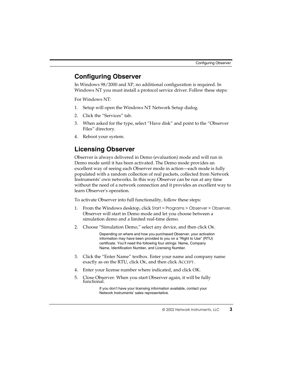 Configuring observer, Licensing observer | Network Instruments Observer User Manual | Page 9 / 28