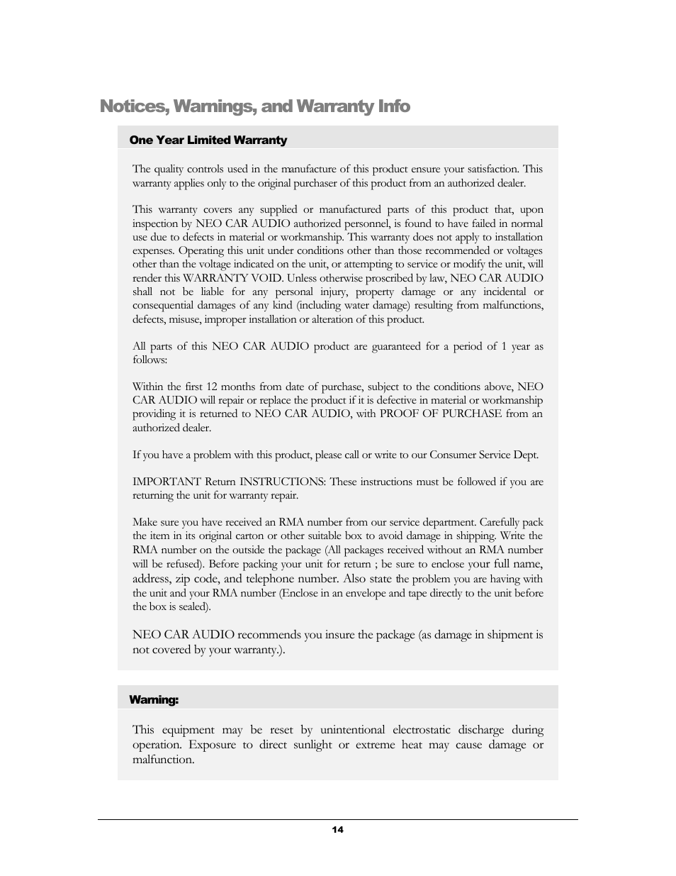 Notices, warnings, and warranty info | Neo Car Audio Car Audio User Manual | Page 16 / 19