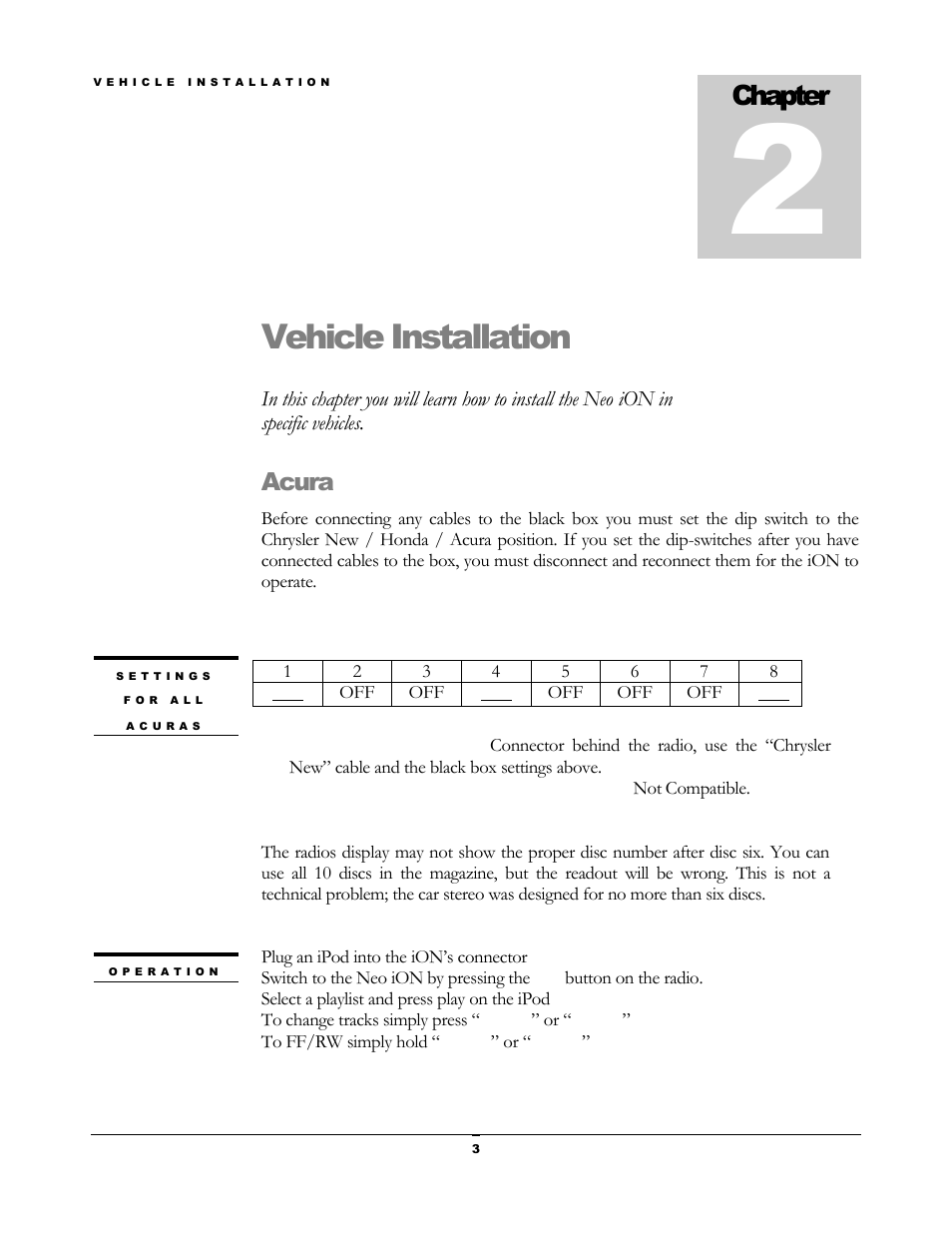Vehicle installation, Chapter, Acura | Neo Car Audio Car Audio User Manual | Page 5 / 19
