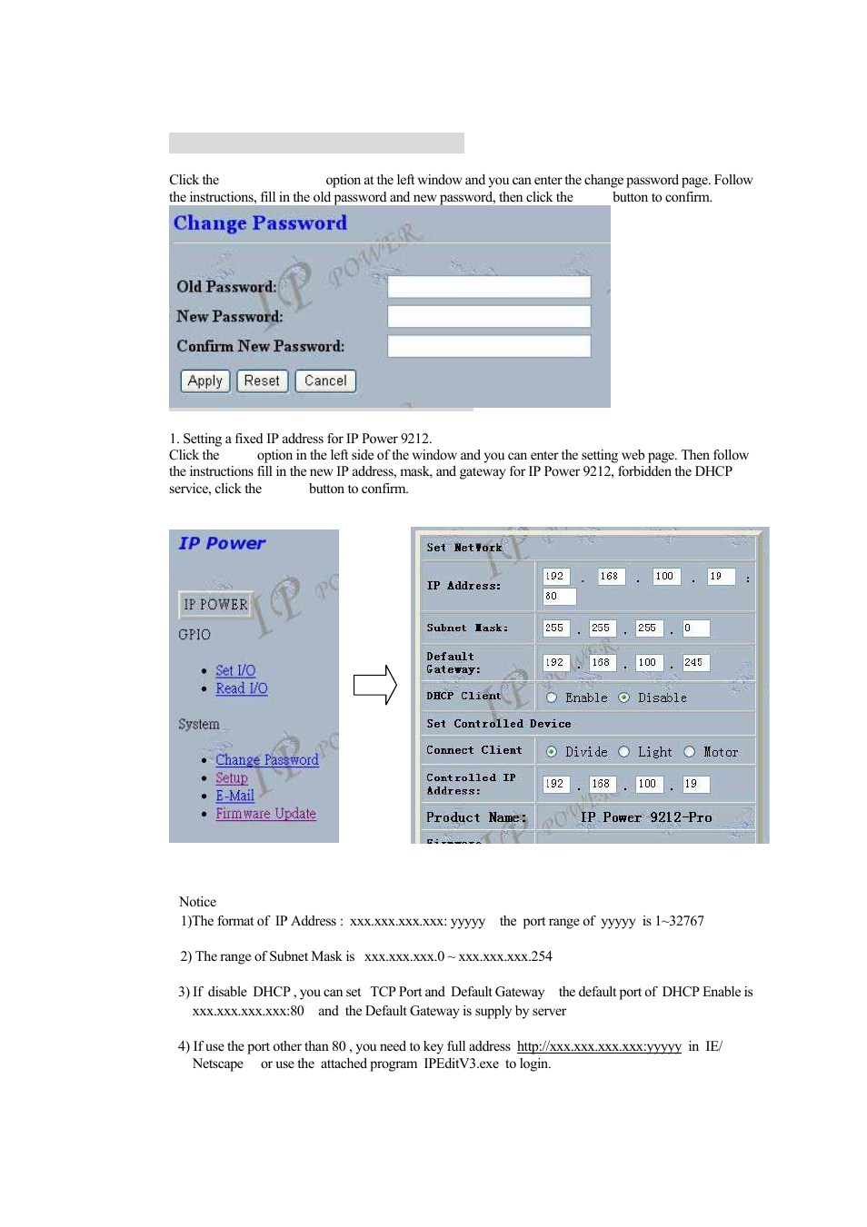 Setting the password for ip power 9212, Setting the ip address for ip power 9212 | New Media Technology IP Power 9212 User Manual | Page 18 / 26