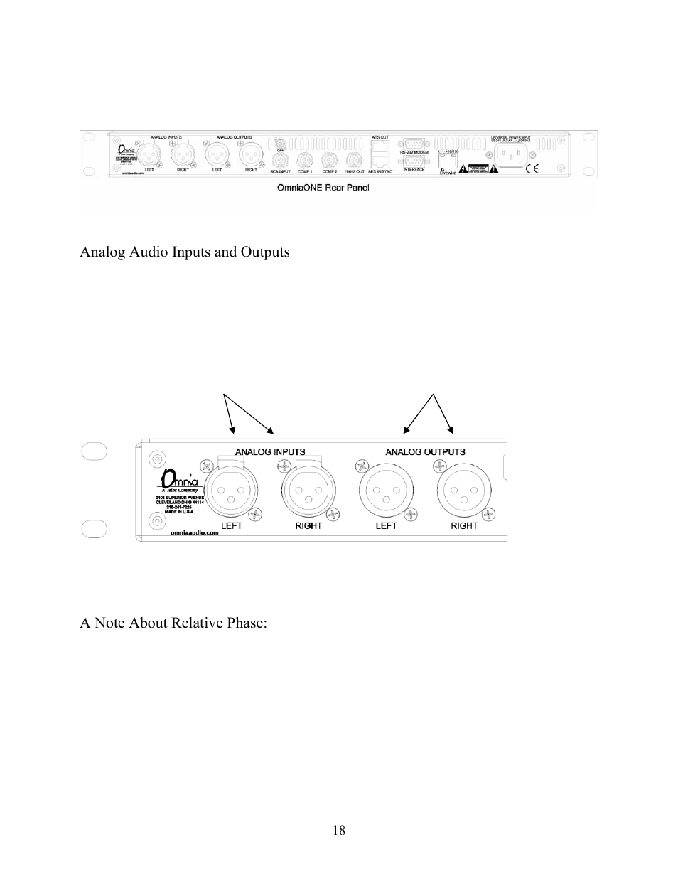 Rear panel connections, Analog audio inputs and outputs, A note about relative phase | New Media Technology Omnia ONE Multicast User Manual | Page 18 / 61