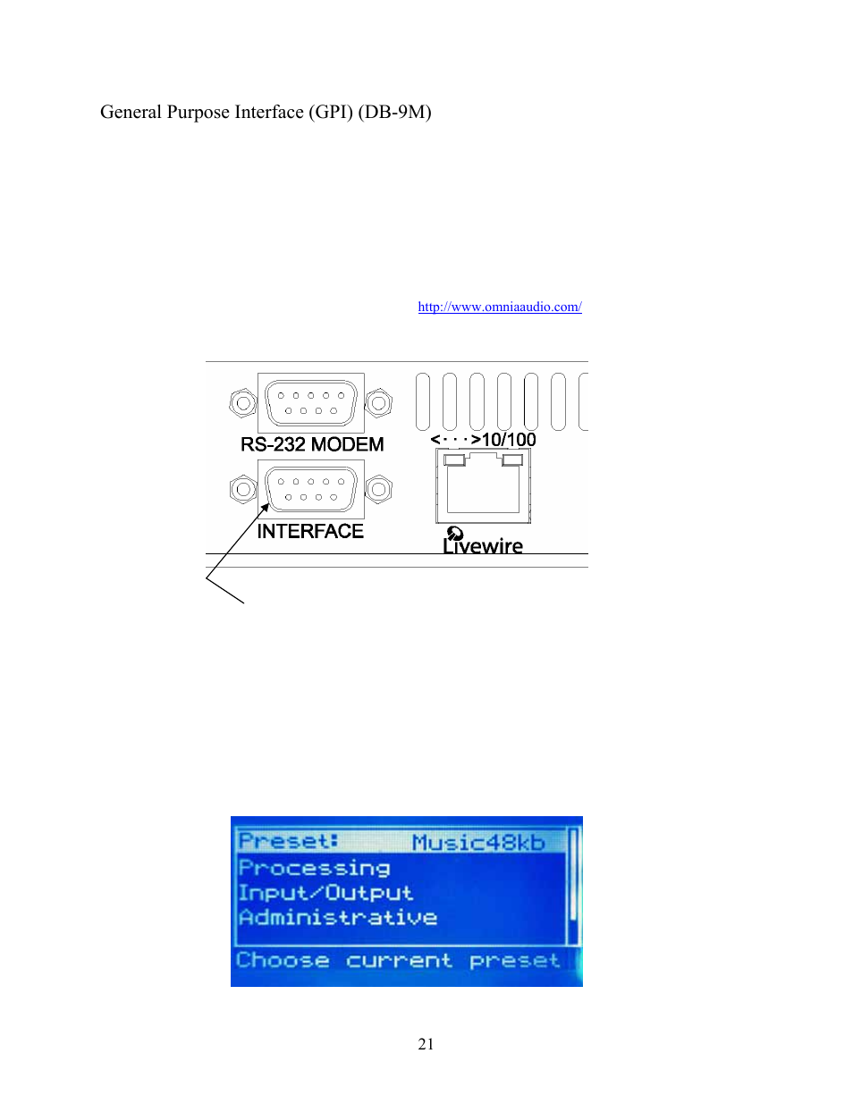 General purpose interface (gpi) (db-9m), Powering up, Db-9m gpi “interface” connector | New Media Technology Omnia ONE Multicast User Manual | Page 21 / 61