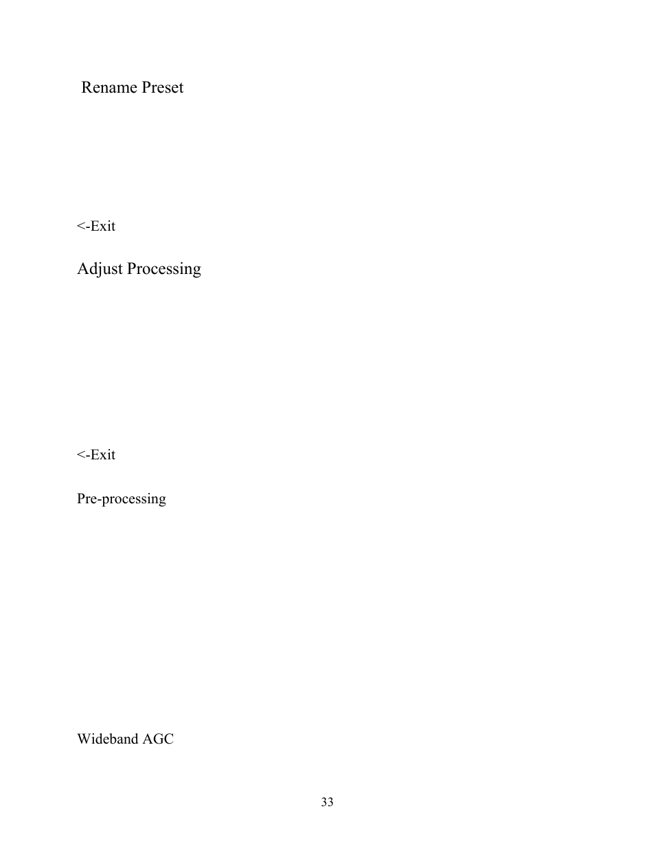 Rename preset, Exit, Adjust processing | Pre-processing, Wideband agc, Rename preset <-exit adjust processing, Exit pre-processing wideband agc | New Media Technology Omnia ONE Multicast User Manual | Page 33 / 61