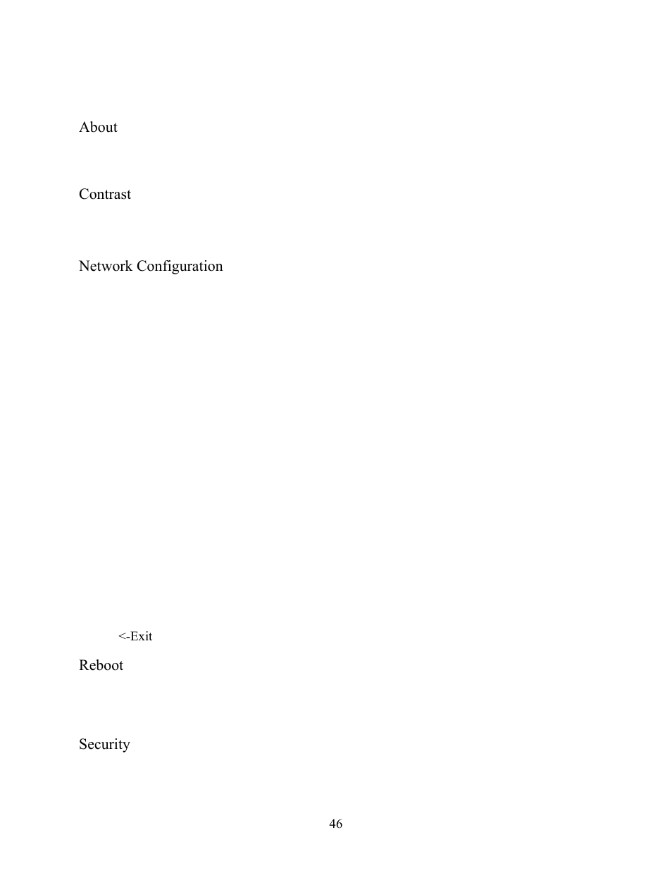 About, Contrast, Network configuration | Reboot, Security | New Media Technology Omnia ONE Multicast User Manual | Page 46 / 61