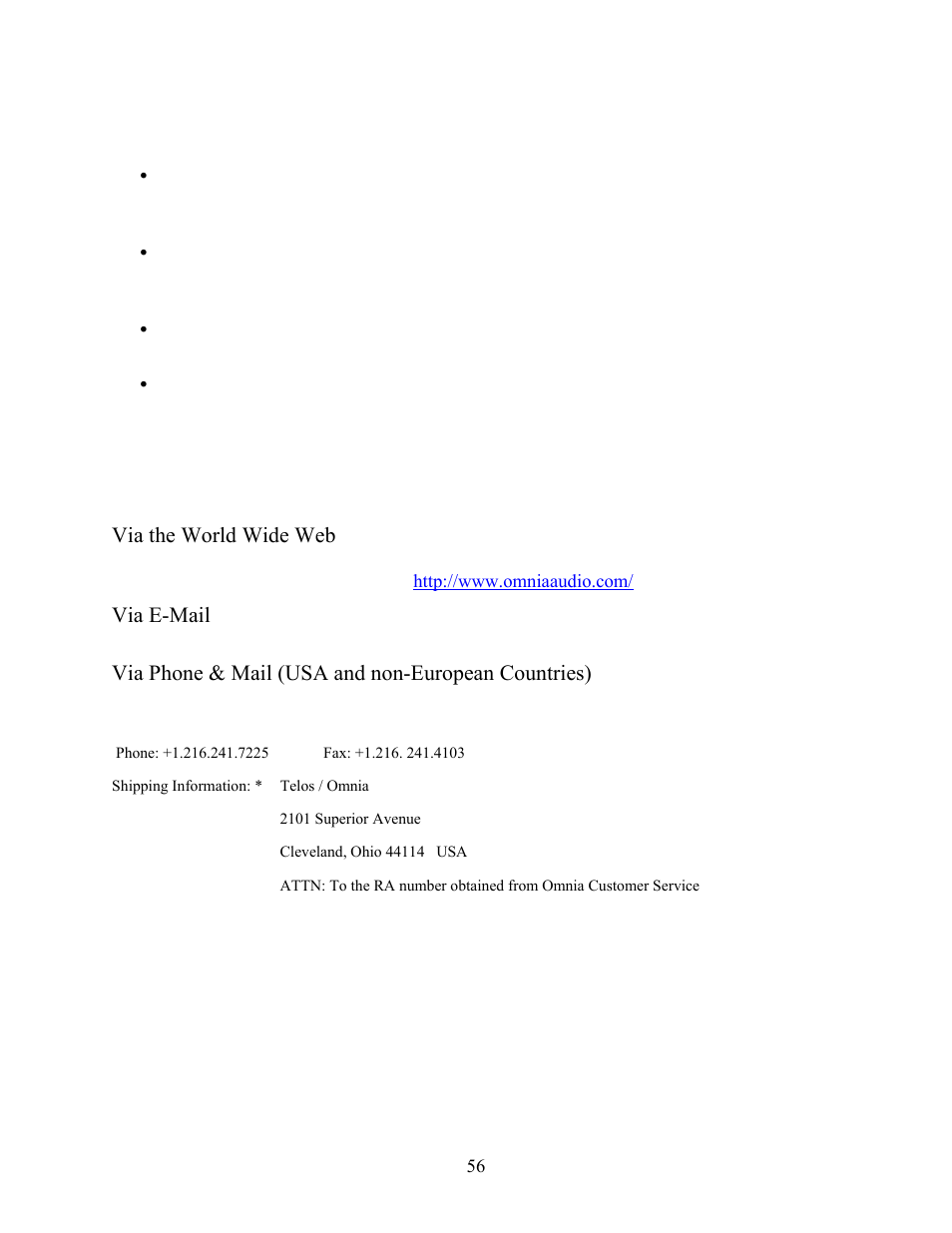 Obtaining service, Via the world wide web, Via e-mail | Via phone & mail (usa and non-european countries) | New Media Technology Omnia ONE Multicast User Manual | Page 56 / 61
