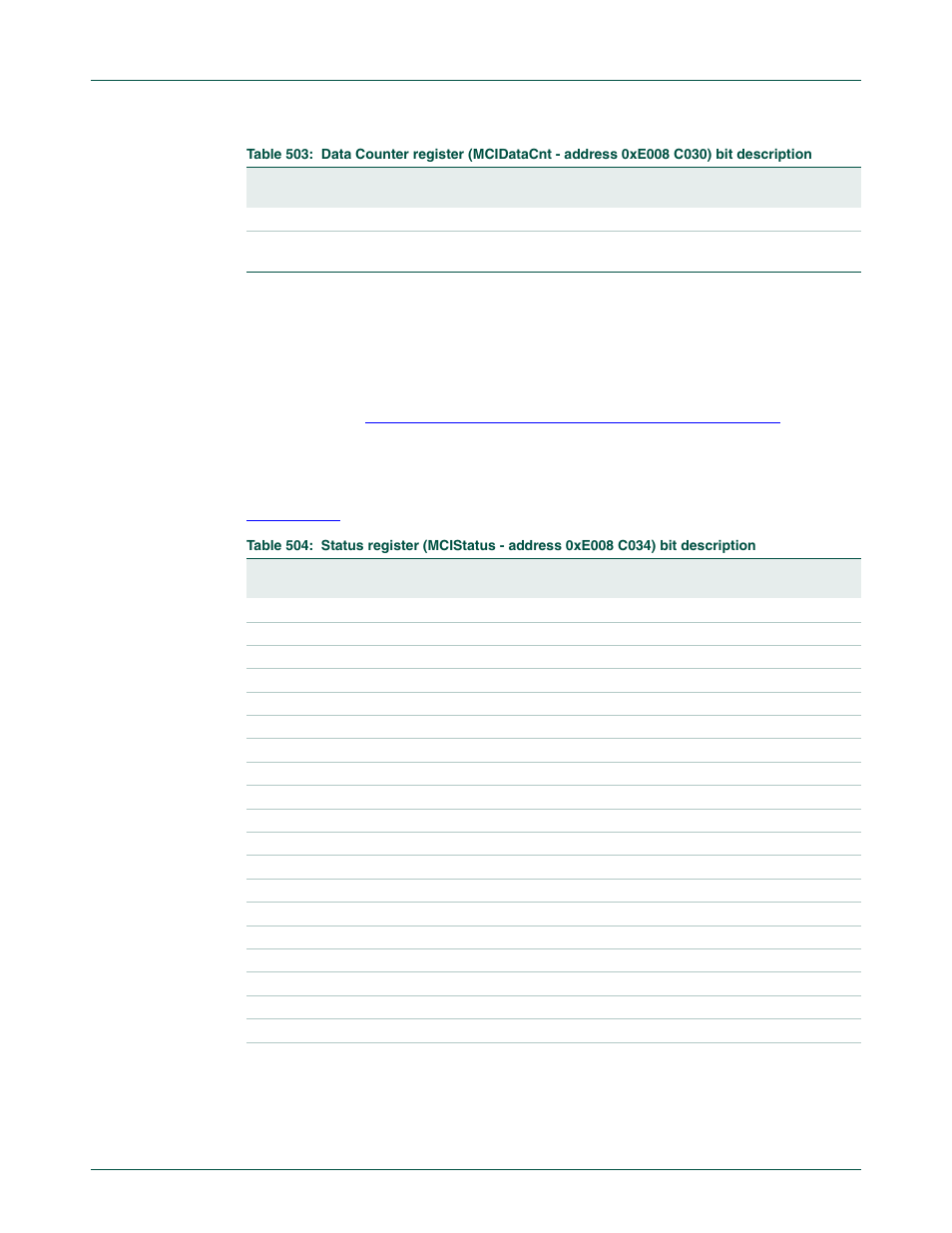 11 status register (mcistatus - 0xe008 c034), Section 21–6.11 “status register (mcistatus, 0xe008 c034) | Section 21–6.11 “status register, Table 21–503, Nxp semiconductors | NXP Semiconductors LPC24XX UM10237 User Manual | Page 569 / 792