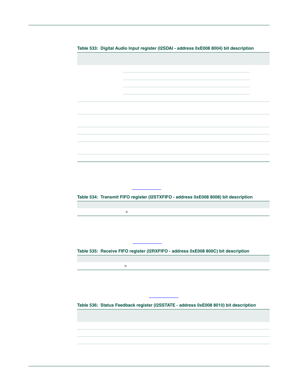 3 transmit fifo register (i2stxfifo - 0xe008 8008), 4 receive fifo register (i2srxfifo - 0xe008 800c), Table 23–533 | Nxp semiconductors | NXP Semiconductors LPC24XX UM10237 User Manual | Page 615 / 792