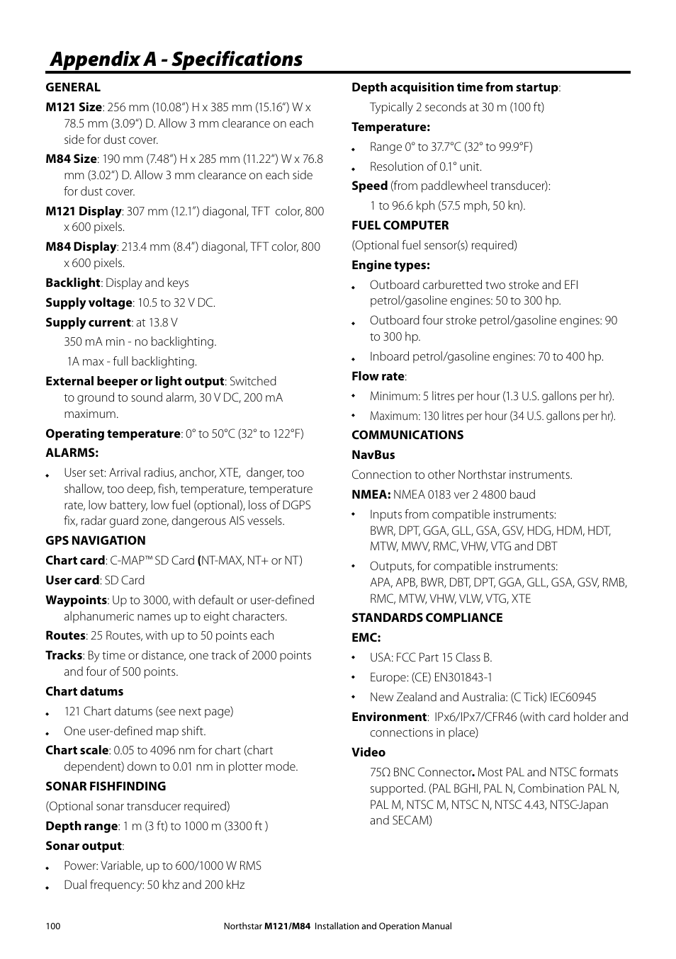 Appendix a - specifications | NorthStar Navigation Multi-Function Unit M84 User Manual | Page 101 / 113