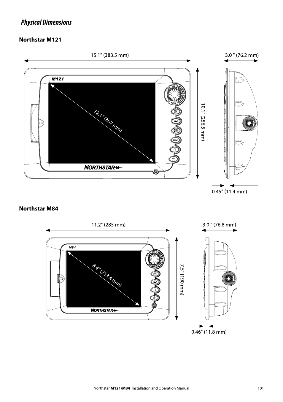 Physical dimensions, Northstar m121, Northstar m84 | NorthStar Navigation Multi-Function Unit M84 User Manual | Page 102 / 113