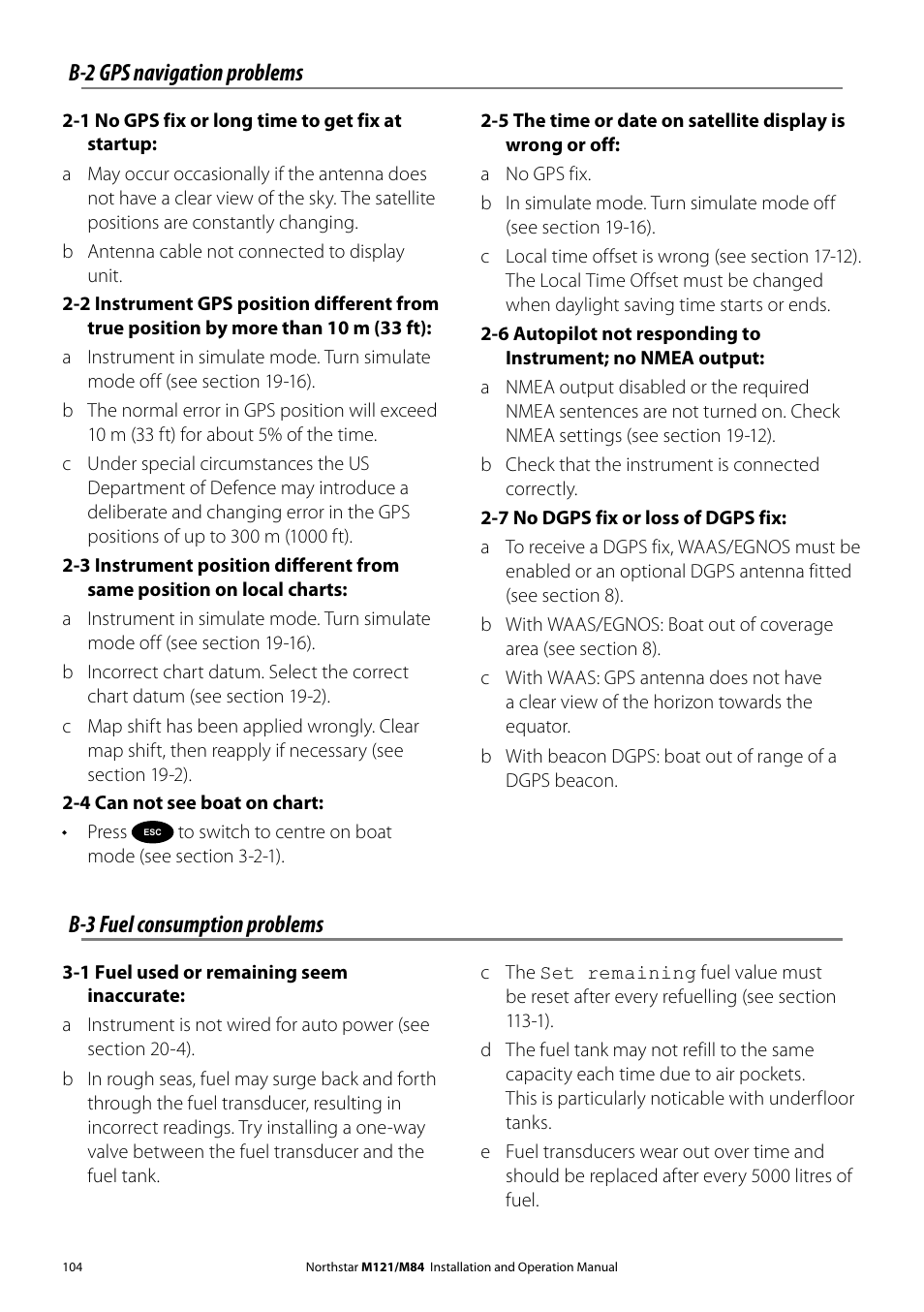 B-2 gps navigation problems, B-3 fuel consumption problems | NorthStar Navigation Multi-Function Unit M84 User Manual | Page 105 / 113