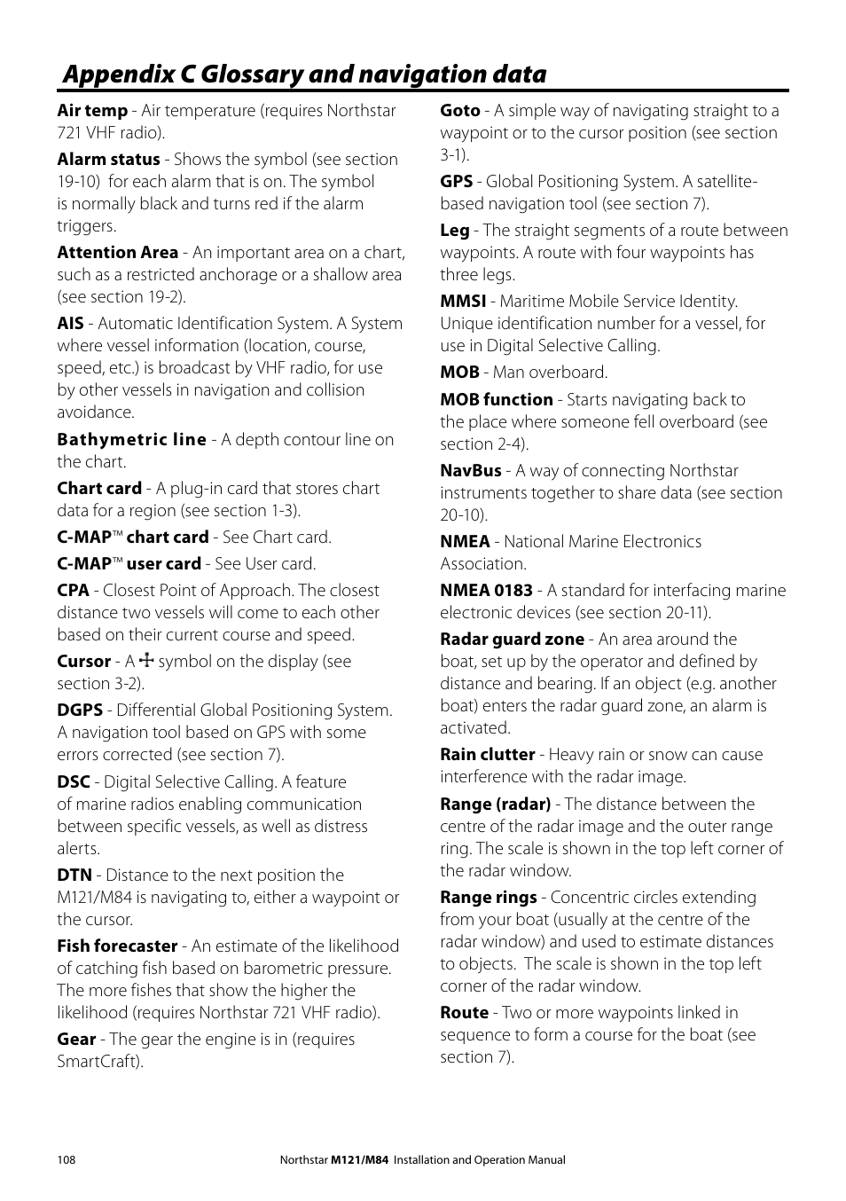 Appendix c glossary and navigation data | NorthStar Navigation Multi-Function Unit M84 User Manual | Page 109 / 113