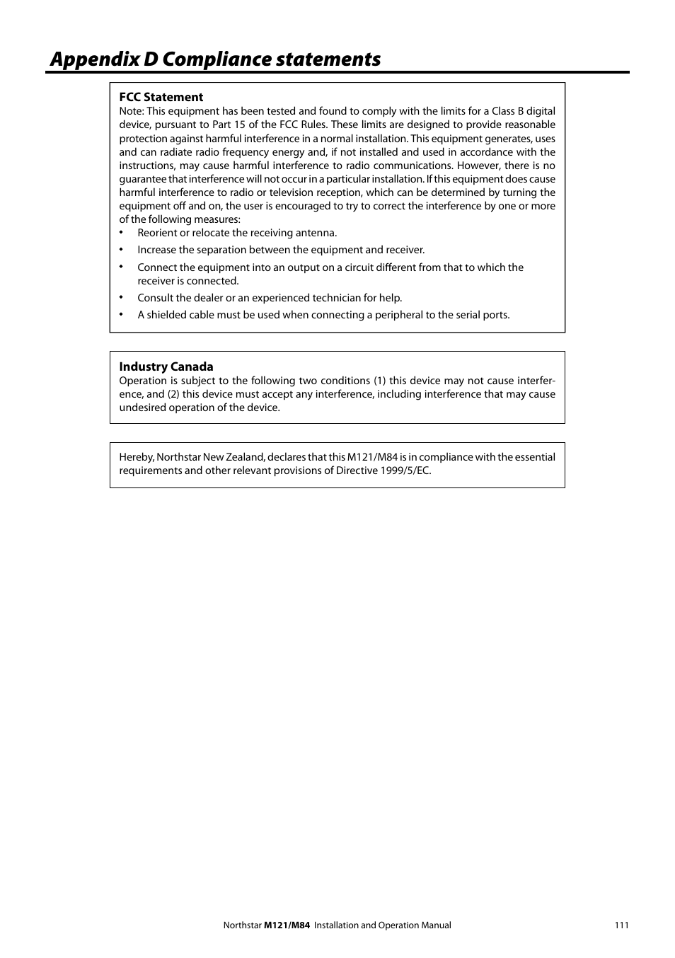 Appendix d compliance statements | NorthStar Navigation Multi-Function Unit M84 User Manual | Page 112 / 113