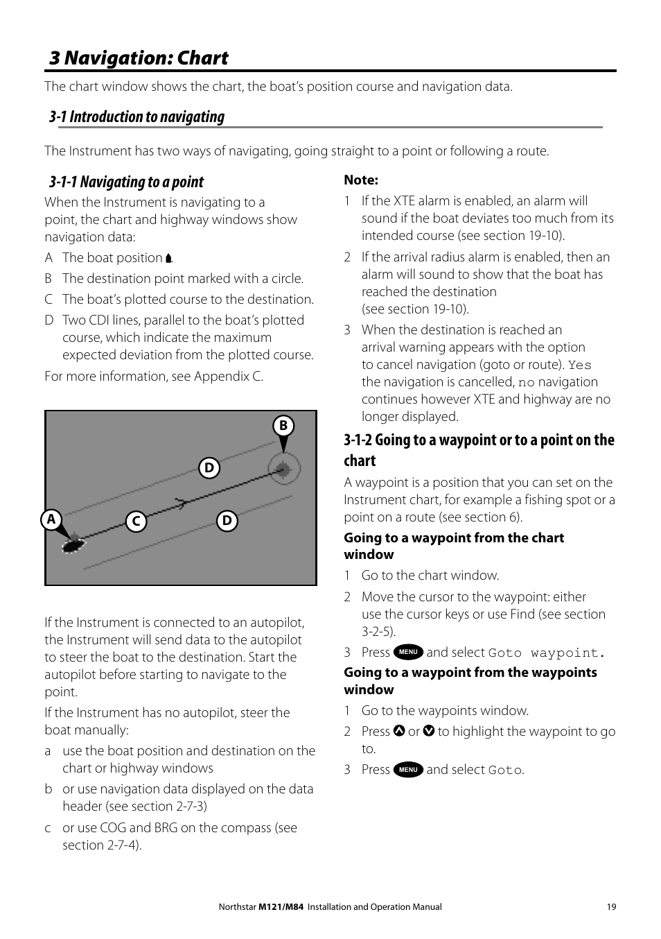 3 navigation: chart, 1 introduction to navigating, 1-1 navigating to a point | 1-2 going to a waypoint or to a point on the chart | NorthStar Navigation Multi-Function Unit M84 User Manual | Page 20 / 113