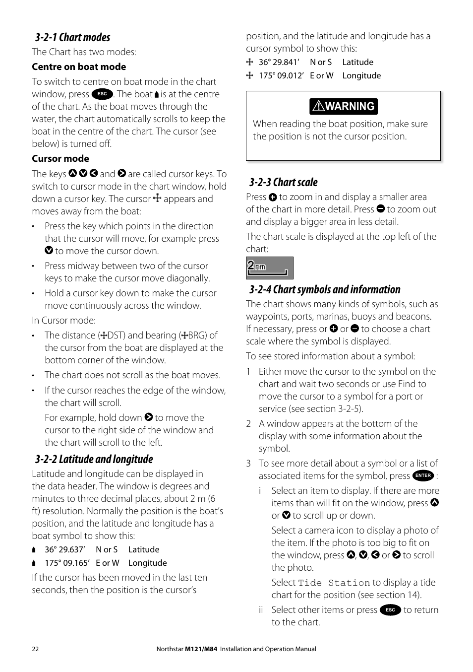 2-1 chart modes, 2-2 latitude and longitude, 2-3 chart scale | 2-4 chart symbols and information | NorthStar Navigation Multi-Function Unit M84 User Manual | Page 23 / 113