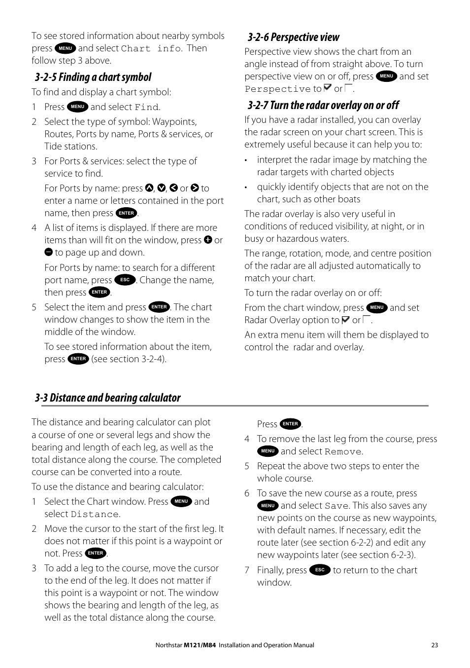 2-5 finding a chart symbol, 2-6 perspective view, 2-7 turn the radar overlay on or off | 3 distance and bearing calculator | NorthStar Navigation Multi-Function Unit M84 User Manual | Page 24 / 113