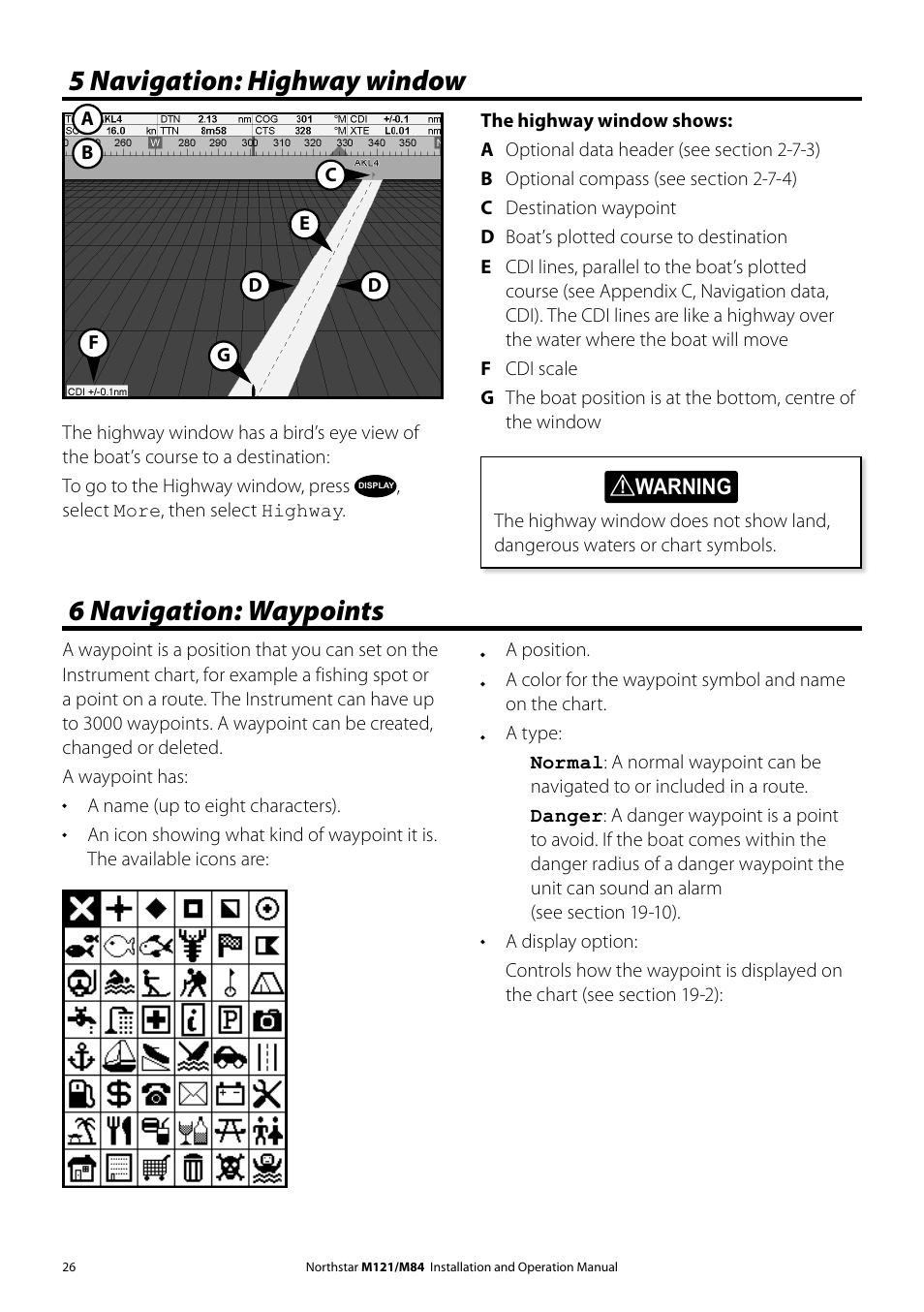 6 navigation: waypoints, 5 navigation: highway window | NorthStar Navigation Multi-Function Unit M84 User Manual | Page 27 / 113