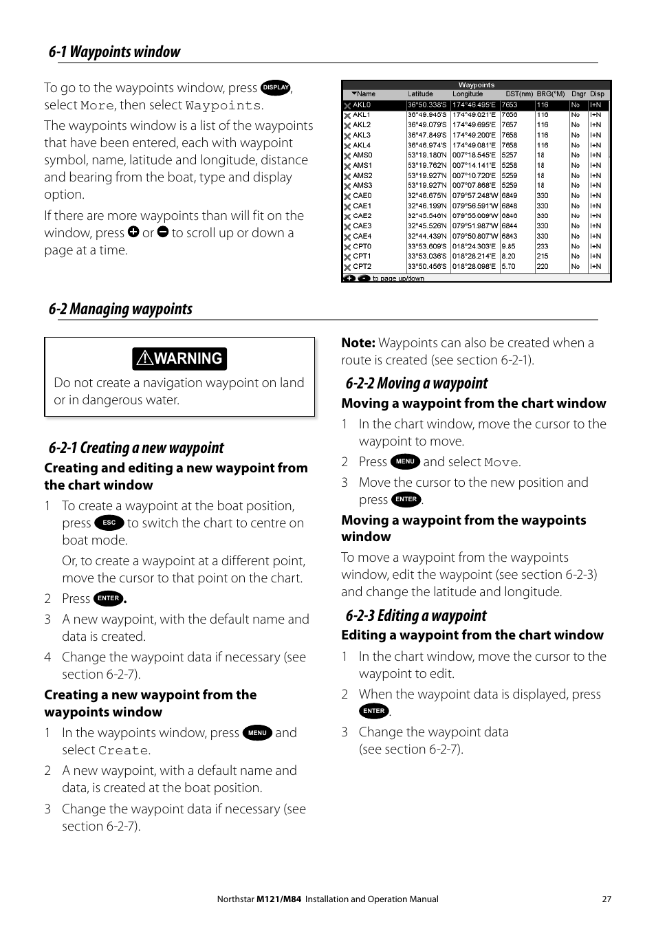 1 waypoints window, 2-1 creating a new waypoint, 2-2 moving a waypoint | 2-3 editing a waypoint, 2 managing waypoints | NorthStar Navigation Multi-Function Unit M84 User Manual | Page 28 / 113