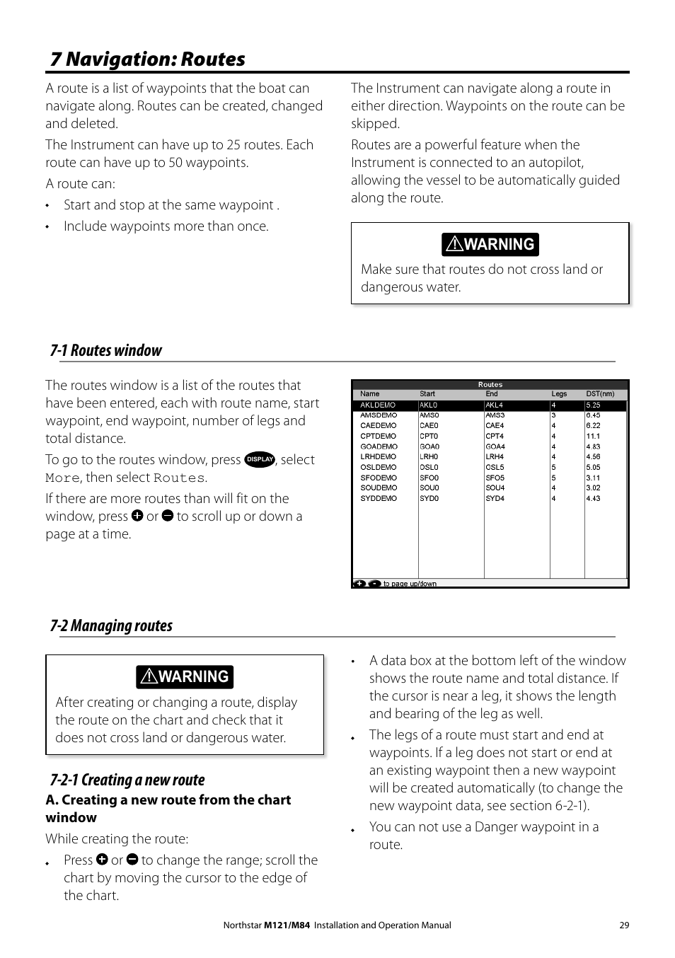 7 navigation: routes, 1 routes window, 2-1 creating a new route | 2 managing routes | NorthStar Navigation Multi-Function Unit M84 User Manual | Page 30 / 113
