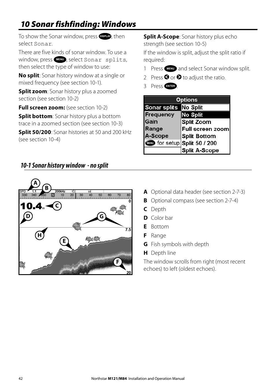 10 sonar fishfinding: windows, 1 sonar history window - no split | NorthStar Navigation Multi-Function Unit M84 User Manual | Page 43 / 113