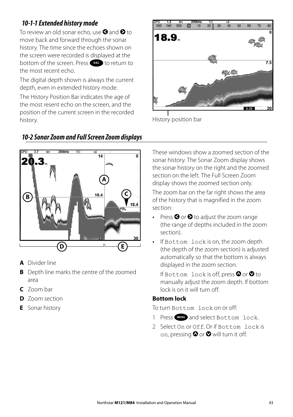 2 sonar zoom and full screen zoom displays, 1-1 extended history mode | NorthStar Navigation Multi-Function Unit M84 User Manual | Page 44 / 113