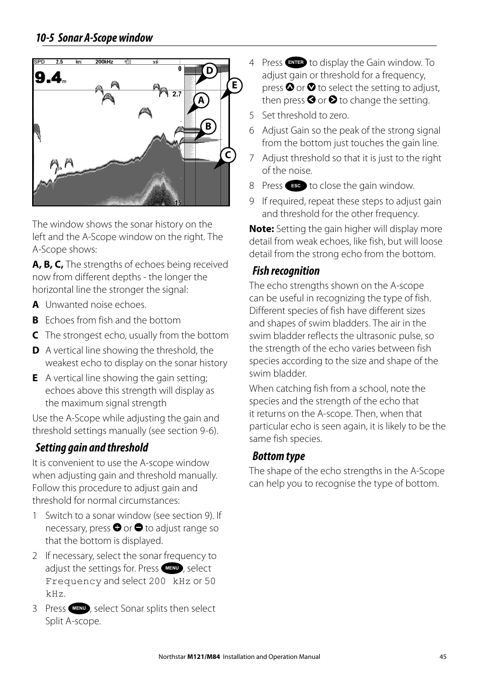 5 sonar a-scope window, Setting gain and threshold, Fish recognition | Bottom type | NorthStar Navigation Multi-Function Unit M84 User Manual | Page 46 / 113
