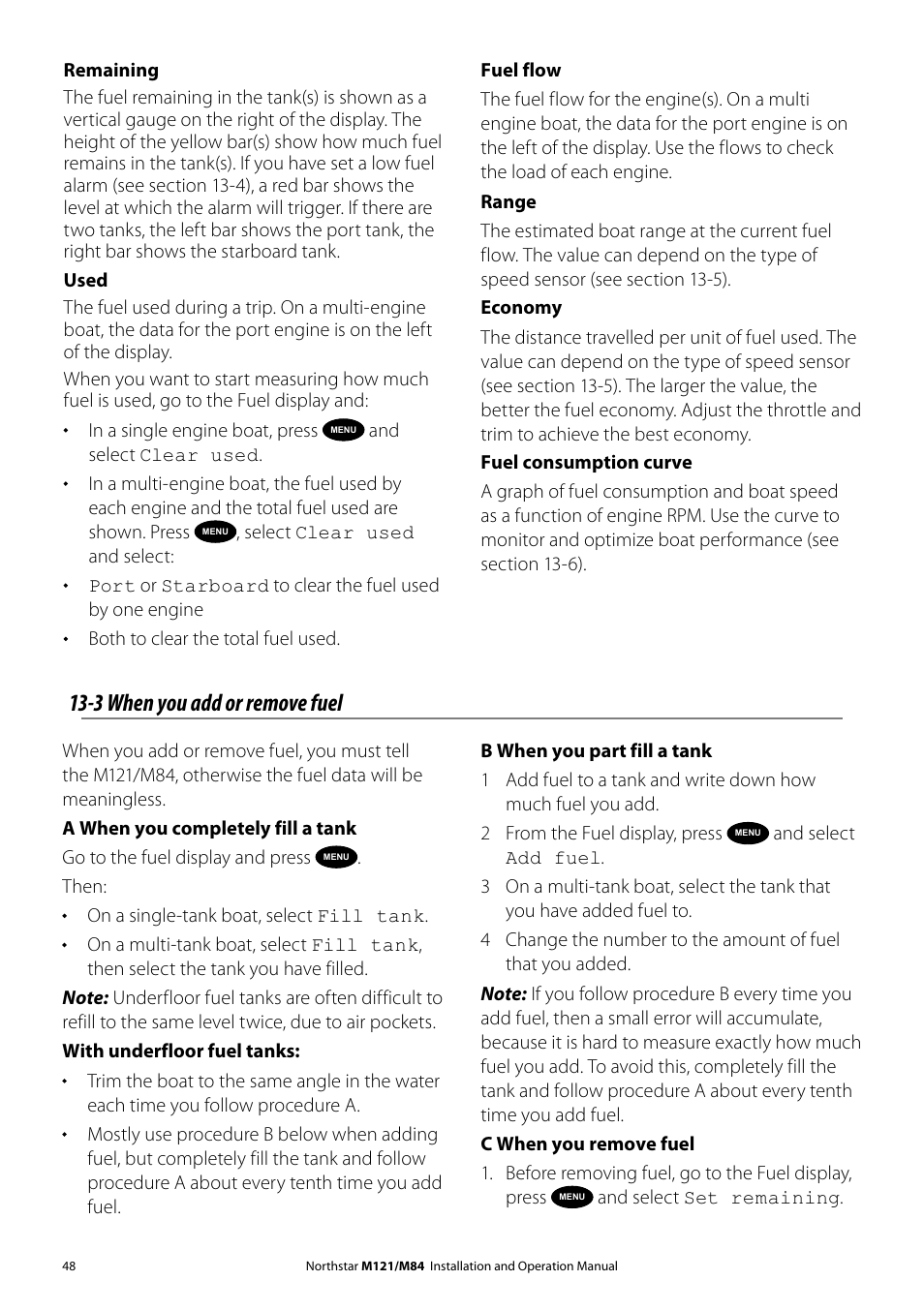 3 when you add or remove fuel | NorthStar Navigation Multi-Function Unit M84 User Manual | Page 49 / 113