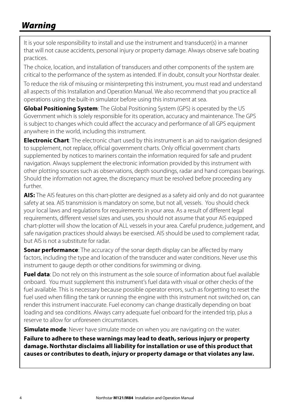 Warning | NorthStar Navigation Multi-Function Unit M84 User Manual | Page 5 / 113