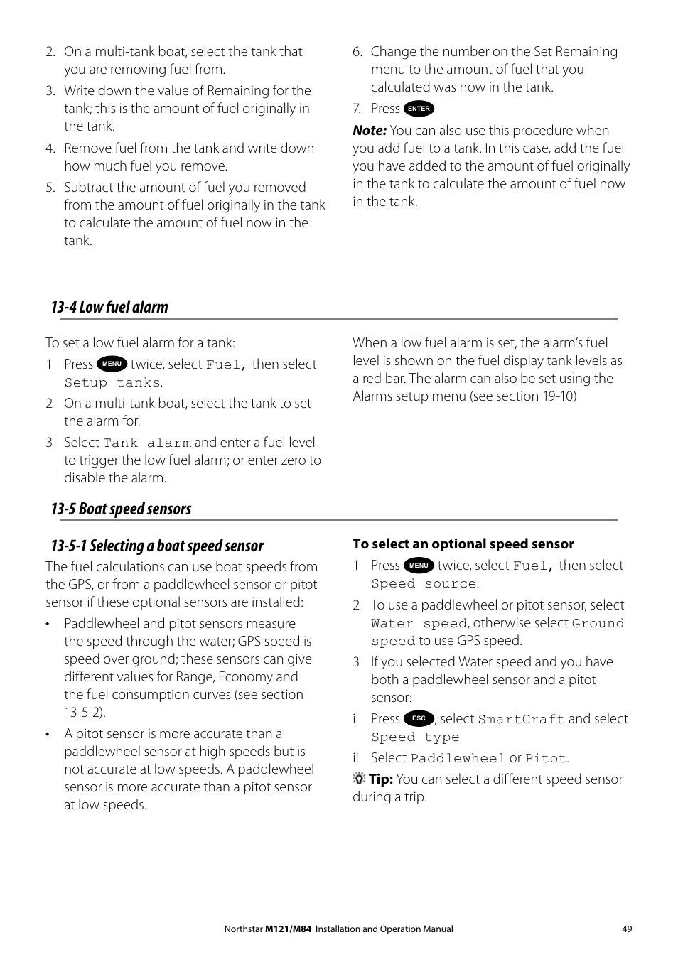 4 low fuel alarm, 5-1 selecting a boat speed sensor, 5 boat speed sensors | NorthStar Navigation Multi-Function Unit M84 User Manual | Page 50 / 113