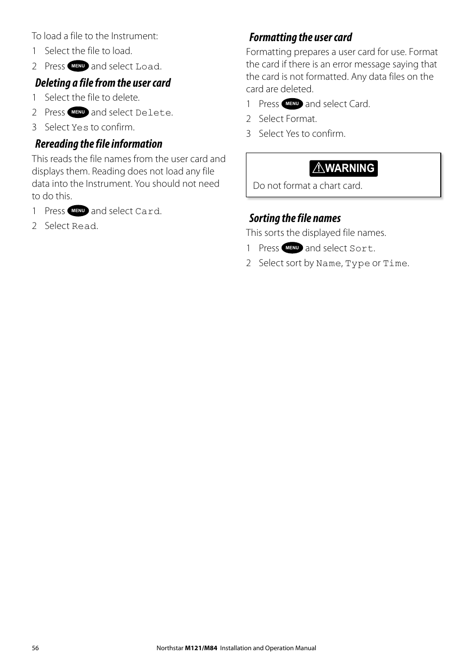 Deleting a file from the user card, Rereading the file information, Formatting the user card | Sorting the file names, Warning | NorthStar Navigation Multi-Function Unit M84 User Manual | Page 57 / 113