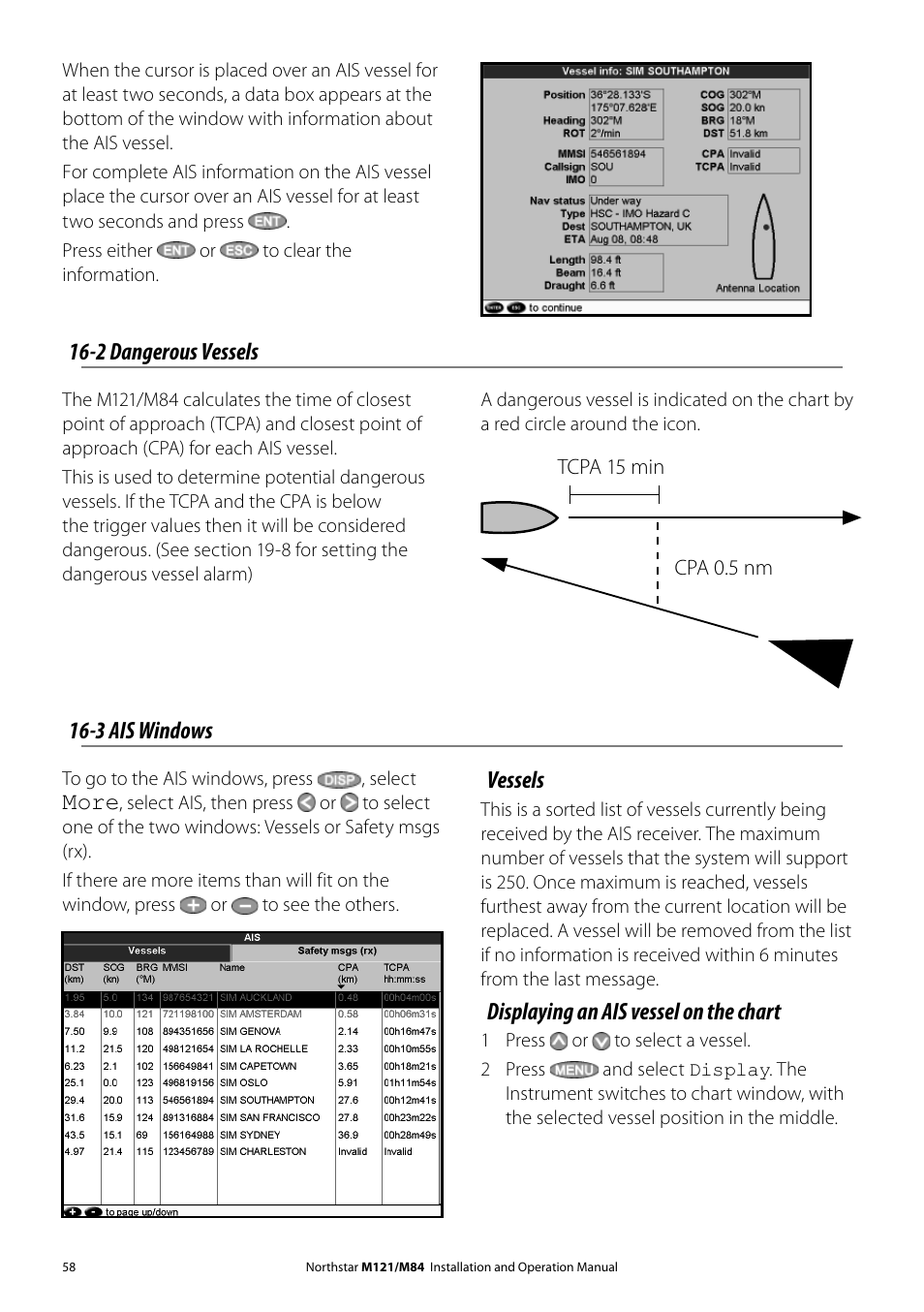 3 ais windows, More, Vessels | Displaying an ais vessel on the chart, 2 dangerous vessels | NorthStar Navigation Multi-Function Unit M84 User Manual | Page 59 / 113