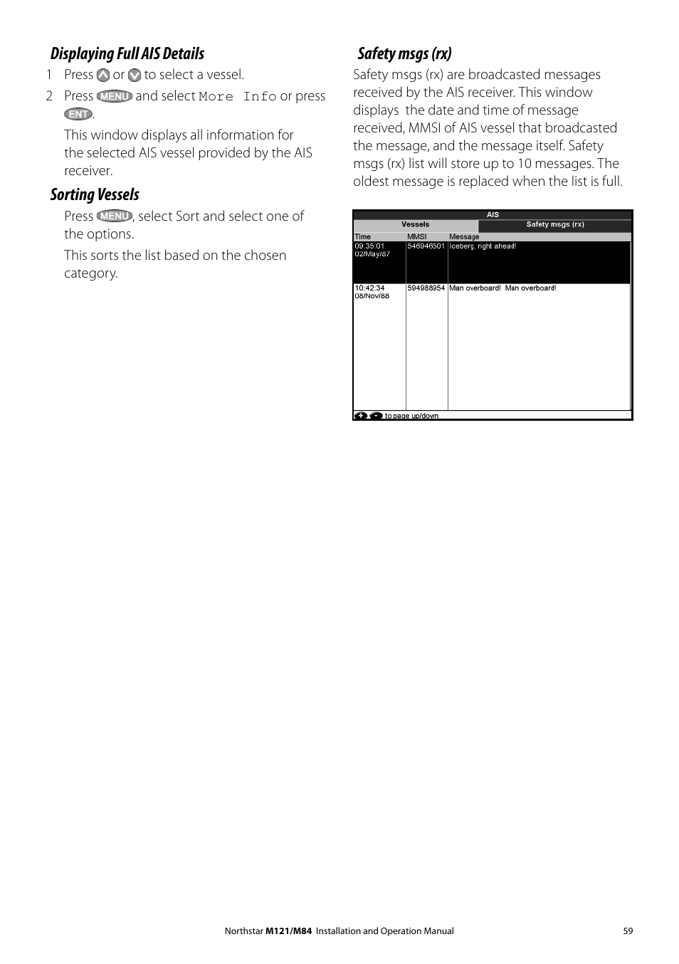 Displaying full ais details, Sorting vessels, Safety msgs (rx) | NorthStar Navigation Multi-Function Unit M84 User Manual | Page 60 / 113