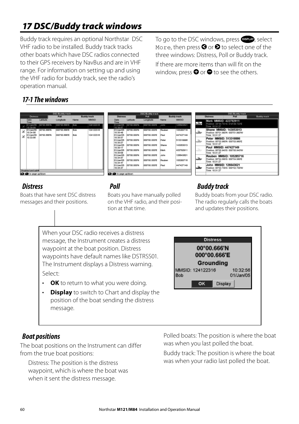 17 dsc/buddy track windows, Distress, 1 the windows poll | Buddy track, Boat positions | NorthStar Navigation Multi-Function Unit M84 User Manual | Page 61 / 113