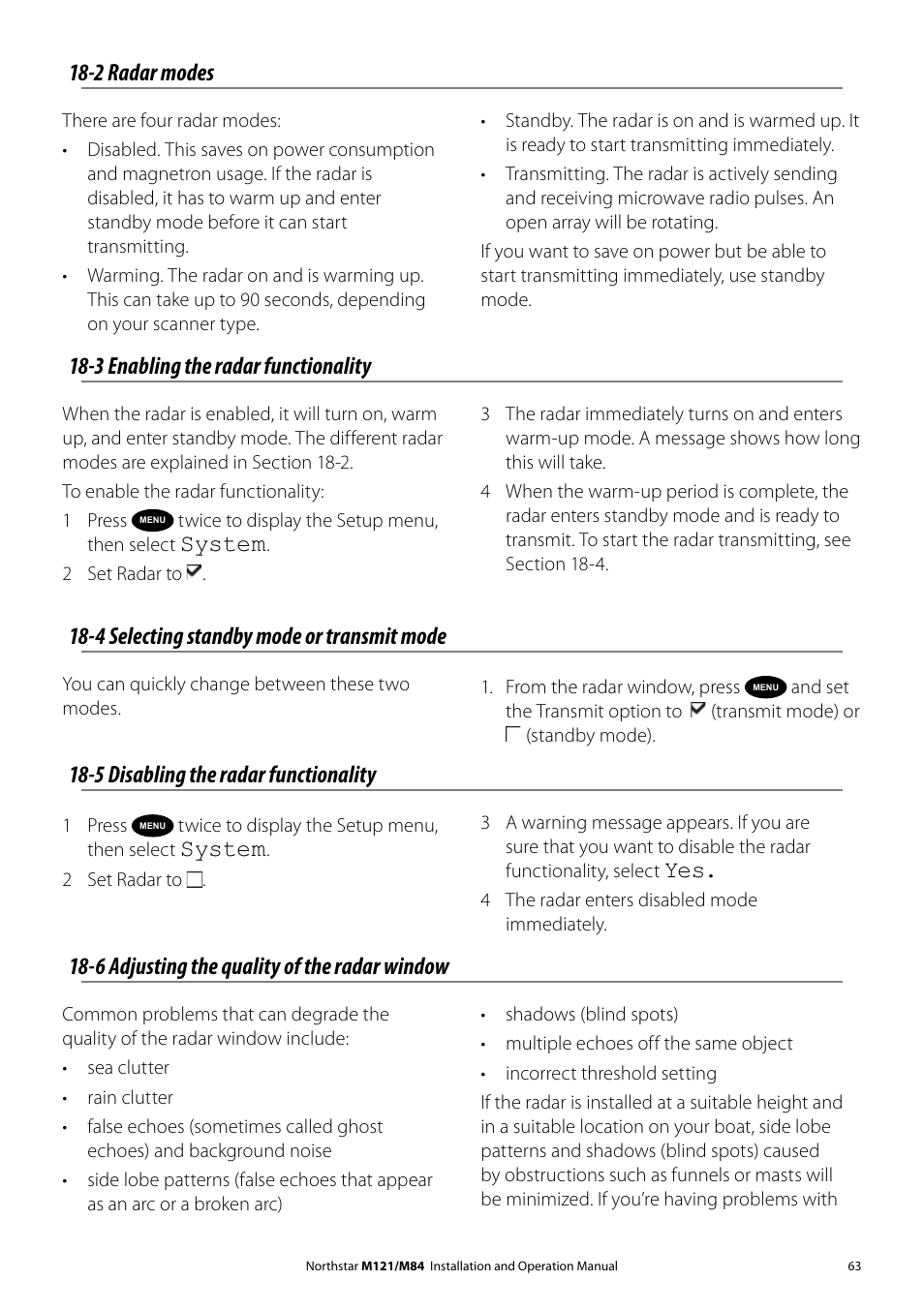 2 radar modes, 3 enabling the radar functionality, System | 4 selecting standby mode or transmit mode, 5 disabling the radar functionality, 6 adjusting the quality of the radar window | NorthStar Navigation Multi-Function Unit M84 User Manual | Page 64 / 113