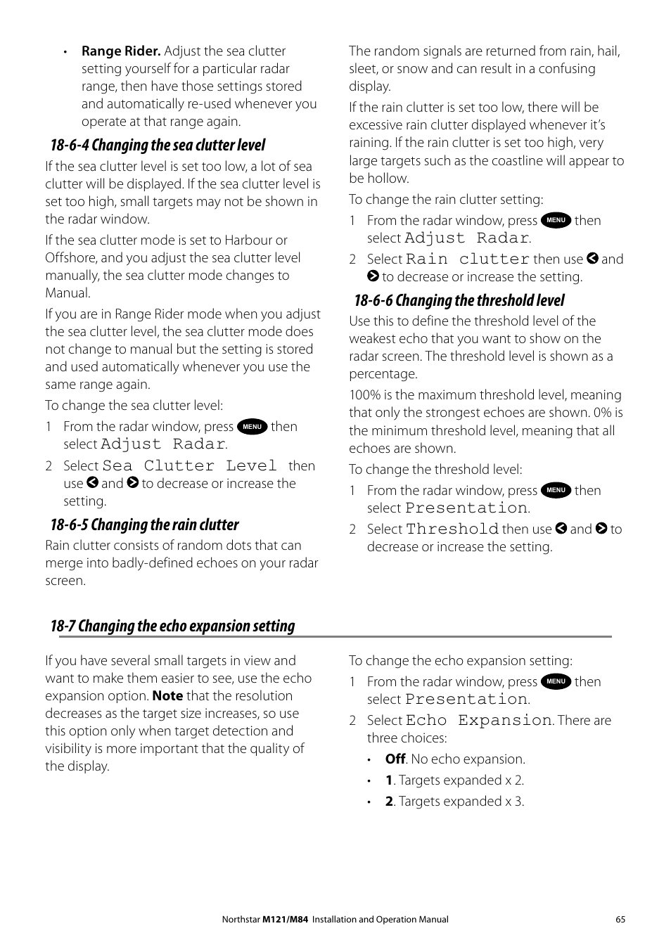 6-4 changing the sea clutter level, Adjust radar, Sea clutter level | 6-5 changing the rain clutter, Rain clutter, 6-6 changing the threshold level, Presentation, Threshold, 7 changing the echo expansion setting, Echo expansion | NorthStar Navigation Multi-Function Unit M84 User Manual | Page 66 / 113