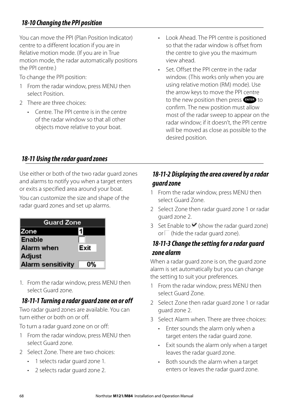 10 changing the ppi position, 11 using the radar guard zones, 11-1 turning a radar guard zone on or off | NorthStar Navigation Multi-Function Unit M84 User Manual | Page 69 / 113