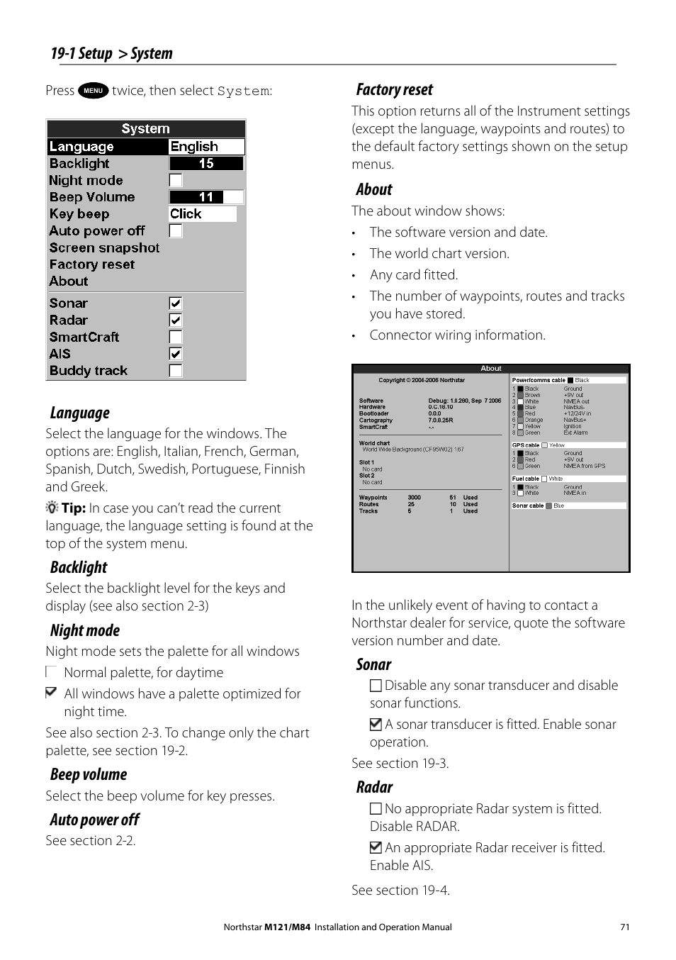 Factory reset, About, Sonar | Radar, 1 setup > system, Language, Backlight, Night mode, Beep volume, Auto power off | NorthStar Navigation Multi-Function Unit M84 User Manual | Page 72 / 113