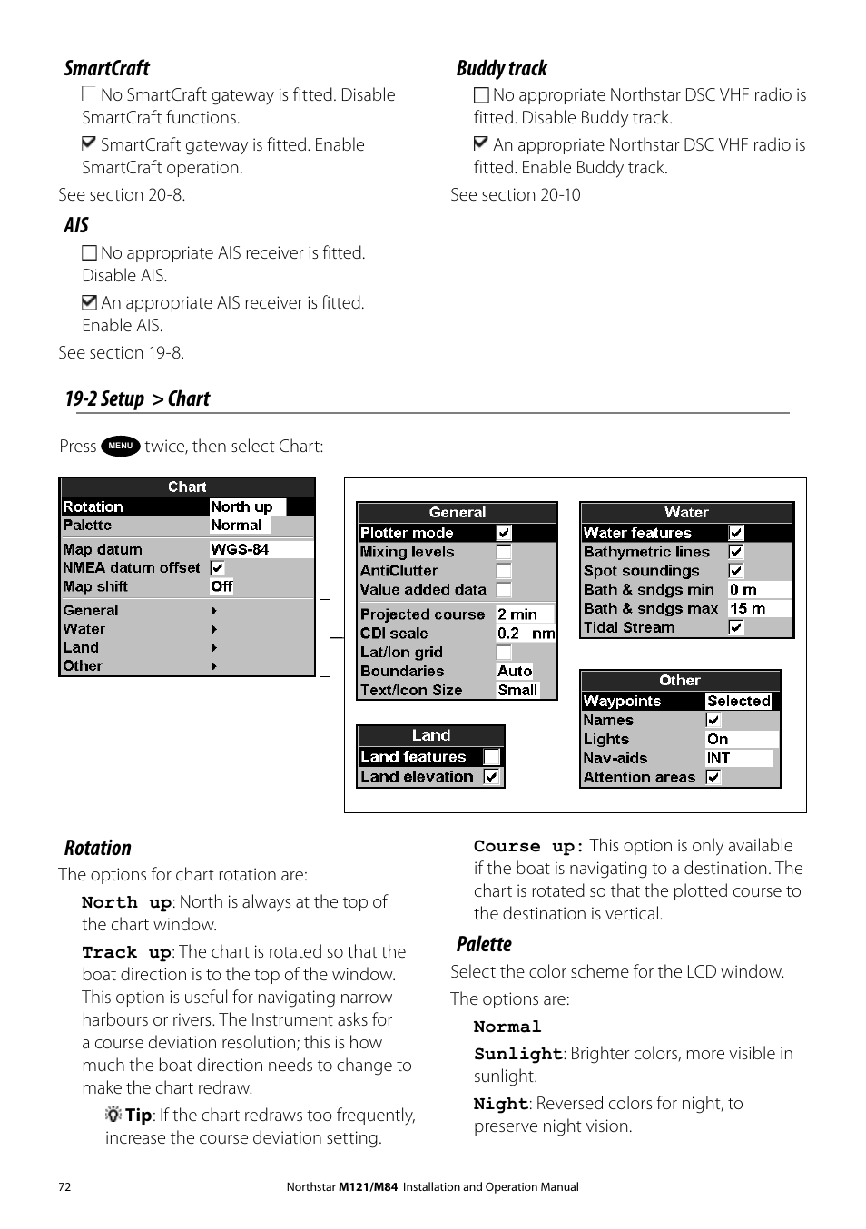 2 setup > chart rotation, Smartcraft, Buddy track | Palette | NorthStar Navigation Multi-Function Unit M84 User Manual | Page 73 / 113