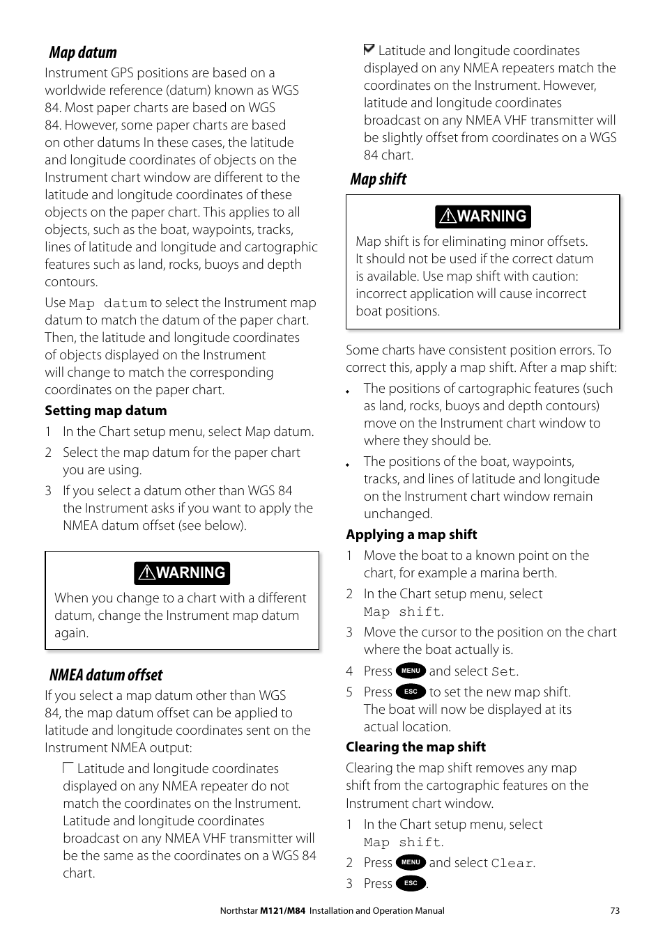 Map datum, Nmea datum offset, Map shift | NorthStar Navigation Multi-Function Unit M84 User Manual | Page 74 / 113