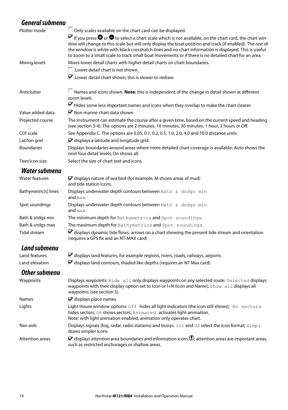 General submenu, Water submenu, Land submenu | Other submenu | NorthStar Navigation Multi-Function Unit M84 User Manual | Page 75 / 113