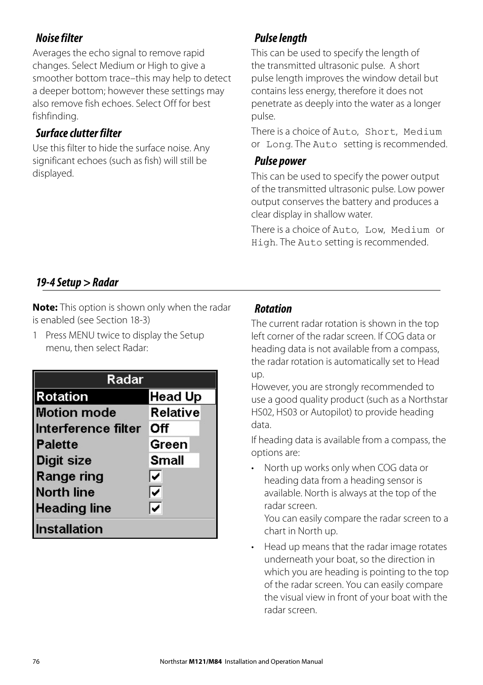 Noise filter, Surface clutter filter, Pulse length | Pulse power, 4 setup > radar, Rotation | NorthStar Navigation Multi-Function Unit M84 User Manual | Page 77 / 113