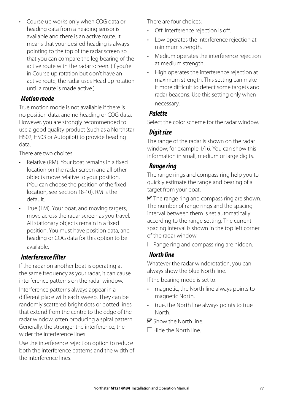 Palette, Digit size, Range ring | North line, Motion mode, Interference filter | NorthStar Navigation Multi-Function Unit M84 User Manual | Page 78 / 113