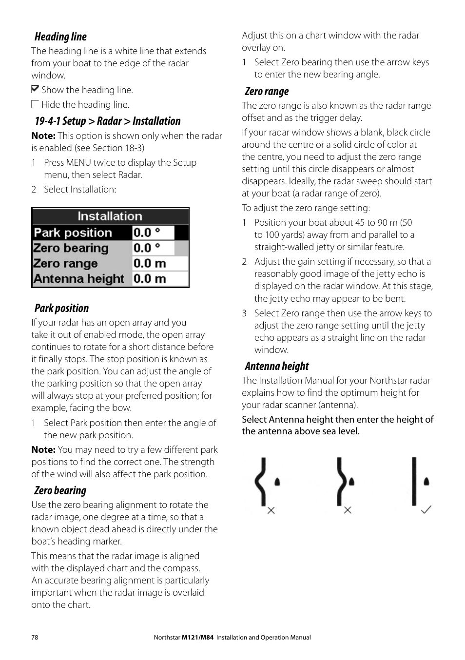 Heading line, 4-1 setup > radar > installation, Park position | Zero bearing, Zero range, Antenna height | NorthStar Navigation Multi-Function Unit M84 User Manual | Page 79 / 113