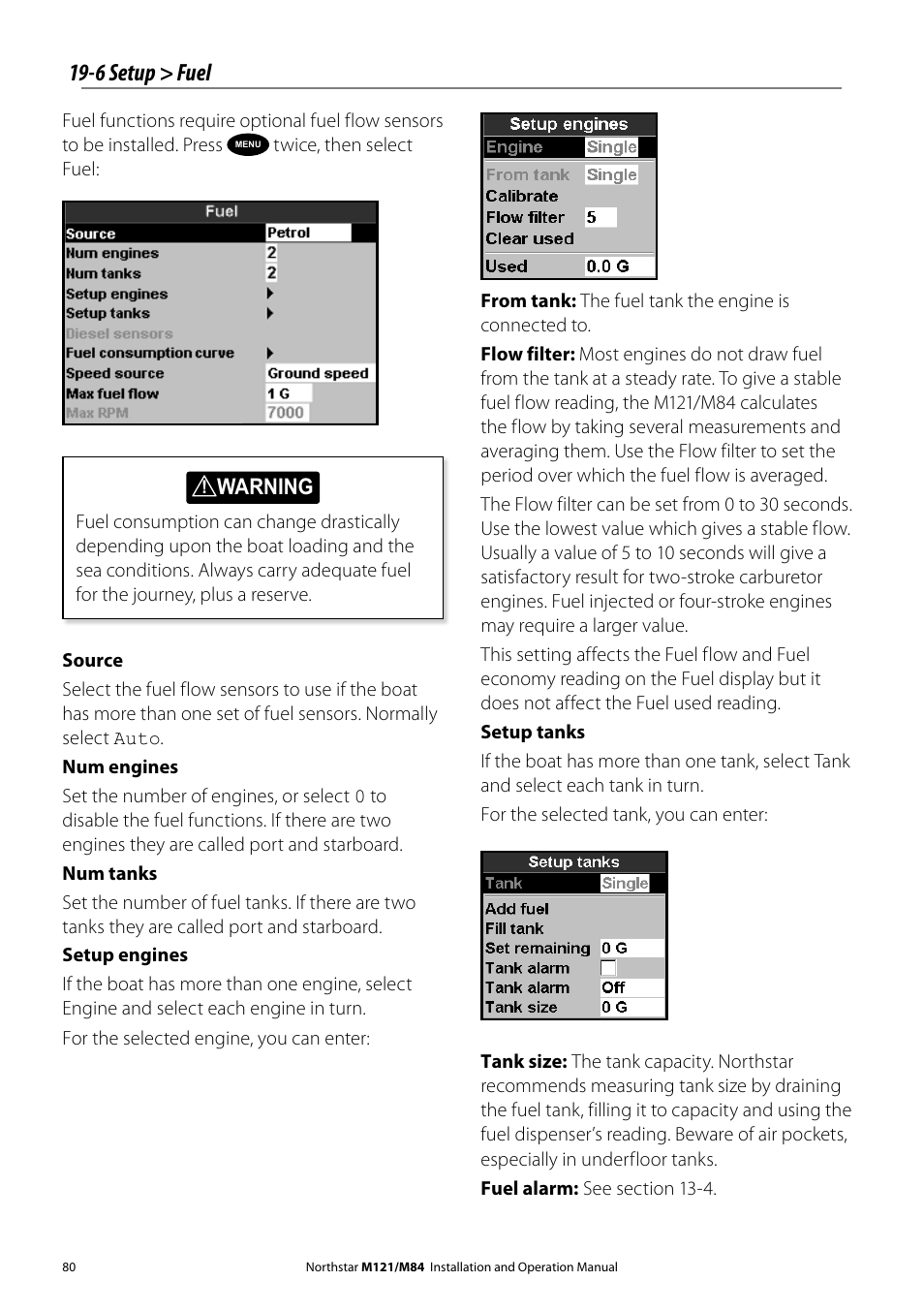 6 setup > fuel | NorthStar Navigation Multi-Function Unit M84 User Manual | Page 81 / 113