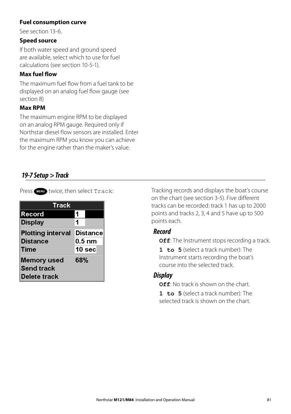 7 setup > track, Record, Display | NorthStar Navigation Multi-Function Unit M84 User Manual | Page 82 / 113