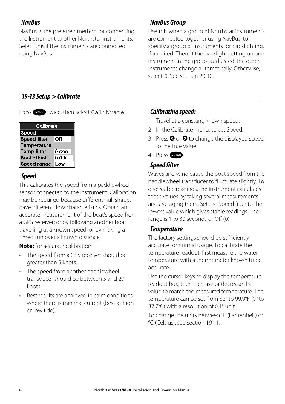 13 setup > calibrate, Speed, Calibrating speed | Speed filter, Temperature, Navbus, Navbus group | NorthStar Navigation Multi-Function Unit M84 User Manual | Page 87 / 113