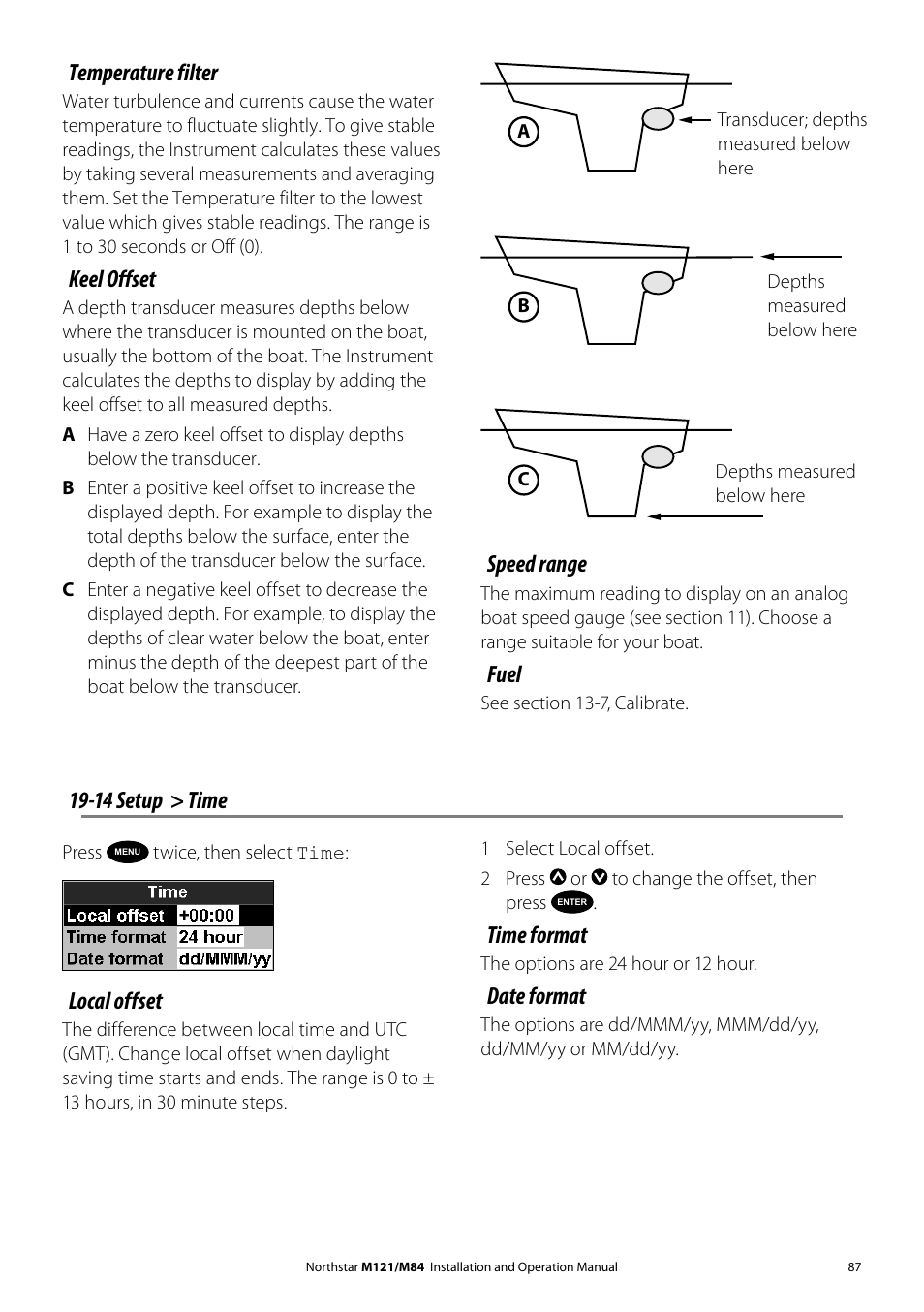 Local offset, Temperature filter, Keel offset | Speed range, Fuel, 14 setup > time, Time format, Date format | NorthStar Navigation Multi-Function Unit M84 User Manual | Page 88 / 113