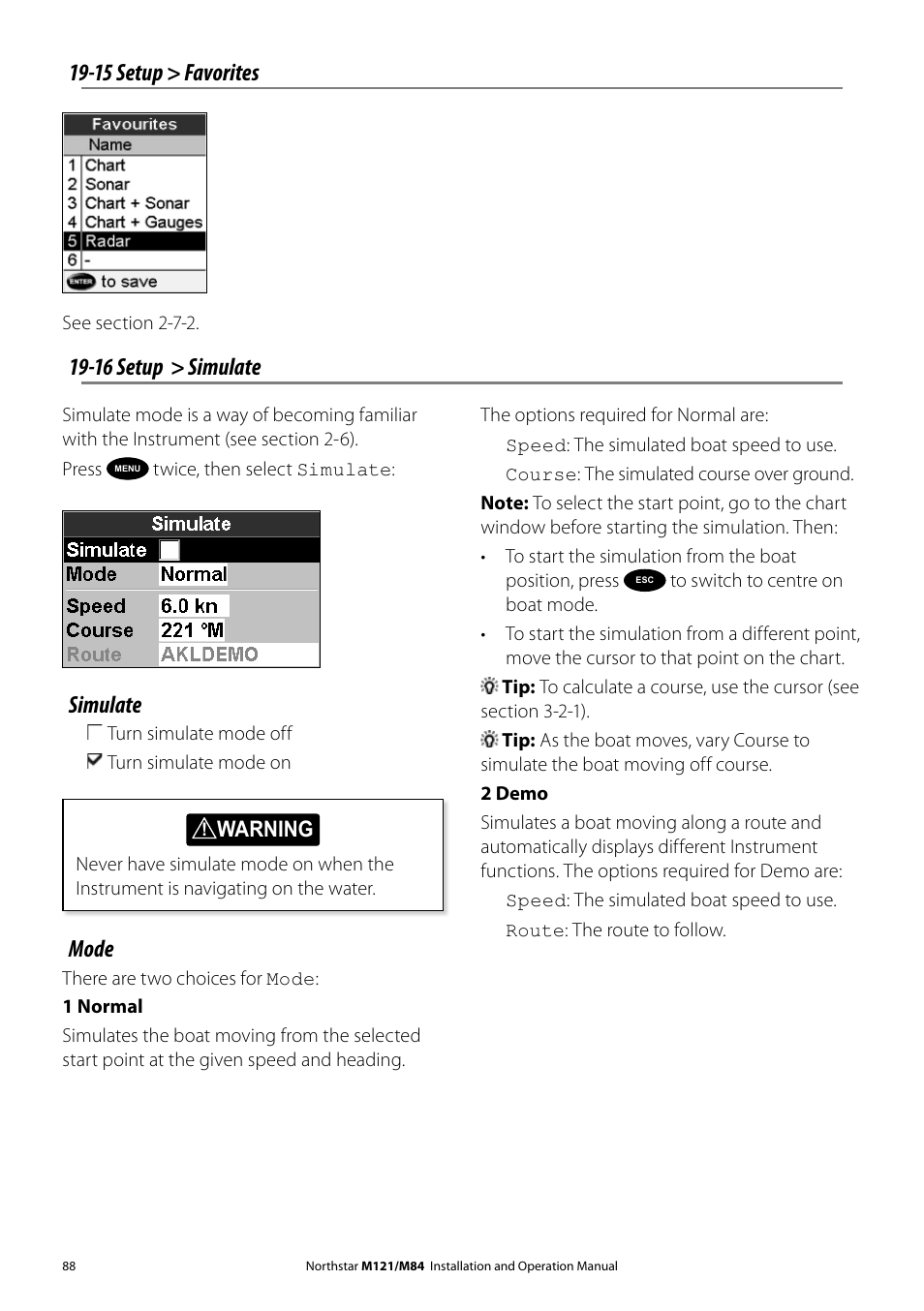 Simulate, 15 setup > favorites, 16 setup > simulate | Mode | NorthStar Navigation Multi-Function Unit M84 User Manual | Page 89 / 113