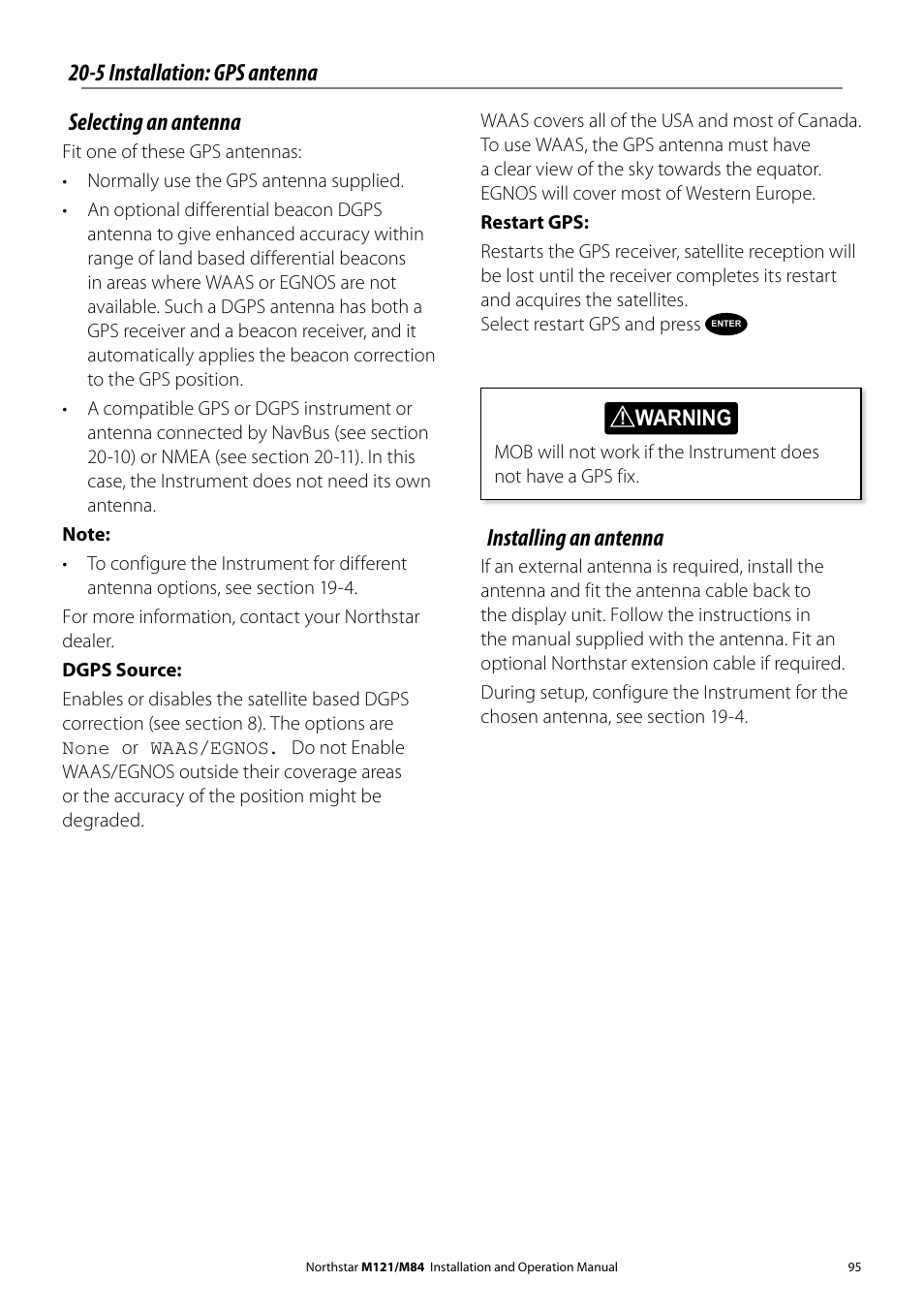 5 installation: gps antenna selecting an antenna, Installing an antenna | NorthStar Navigation Multi-Function Unit M84 User Manual | Page 96 / 113