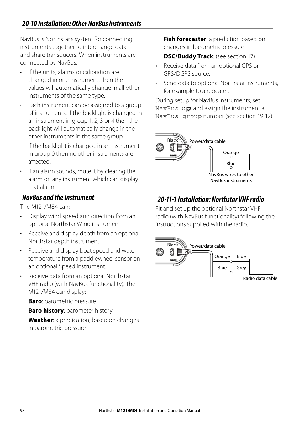 11-1 installation: northstar vhf radio, Navbus and the instrument, 10 installation: other navbus instruments | NorthStar Navigation Multi-Function Unit M84 User Manual | Page 99 / 113