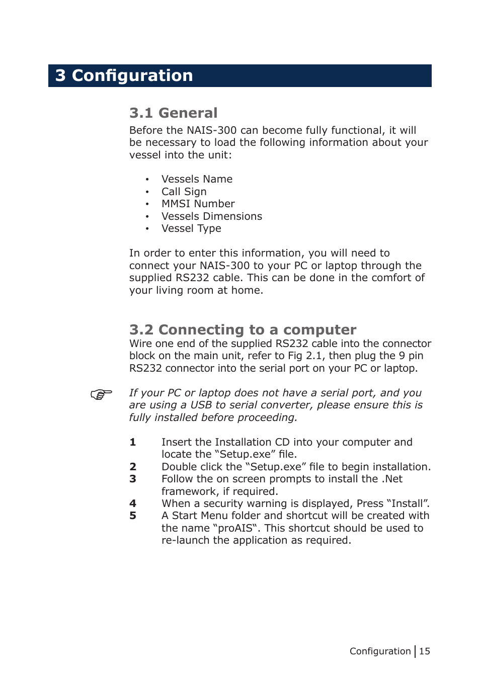 3 configuration, 1 general, 2 connecting to a computer | 2 installation, Connecting to a computer | NorthStar Navigation Class B Transceiver NAIS-300 User Manual | Page 15 / 24